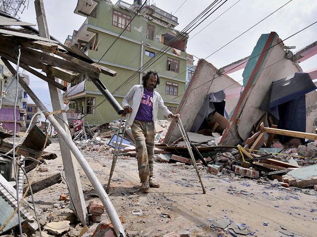 Collapsed buildings and houses after a fresh earthquake hit Nepal, in Dolakha. (Burhaan Kinu / HT Photo)