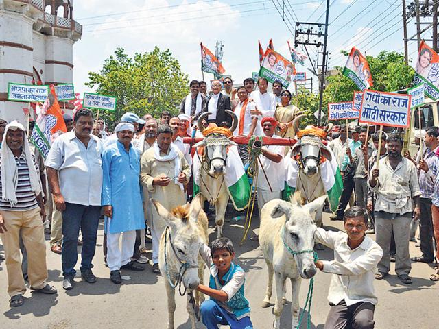 Congress-workers-take-out-a-rally-with-animals-in-Jabalpur-on-Wednesday-against-failure-of-the-BJP-government-to-check-price-hike-Gulshan-Saini-HT-photo