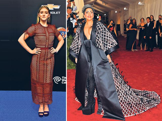Give the same ol' sheer and stencil outfits a break. Gear up for mesh patterns to add quirk to your summer-perfect outfit. (Text: Arpita Kala) Plume pretty: Singer Lady Gaga stunned in a Balenciaga ensemble. Her mesh kimono with entwined feathers paired well with a glitzy headpiece. If this style is your cup of tea, brew it with bold brows, pop pink lips and a devil-may-care attitude. (L) Scarlet style: Actor Willow Shields styles her mesh patterned outfit perfectly with minimal makeup and slickly parted hair. The sudden pop of colour with royally purple hued platform sandals are the ideal way to make this look stand out. (R)