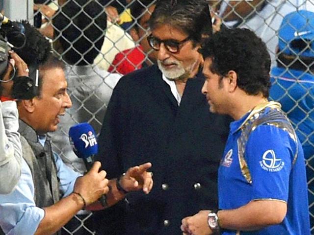 Amitabh Bachchan with Sachin Tendulkar and Sunil Gavaskar during the IPL 2015 match between Mumbai Indians (MI) and Kolkata Knight Riders (KKR) in Mumbai on May 14. (PTI Photo)