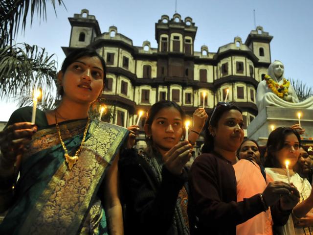 Candle light protest was organised in Indore to raise awareness about rising crimes against women. (HT file photo)