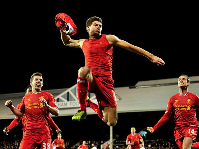 Liverpool-s-English-midfielder-Steven-Gerrard-celebrating-scoring-their-third-goal-during-the-English-Premier-League-football-match-between-Fulham-and-Liverpool-at-Craven-Cottage-in-London-Steven-Gerrard-who-plays-his-last-home-game-for-Liverpool-on-May-16-2015-is-a-player-destined-to-be-remembered-as-much-for-his-extraordinary-achievements-as-for-his-agonising-near-misses-AFP-PHOTO Liverpool-s-English-midfielder-Steven-Gerrard-celebrating-scoring-their-third-goal-during-the-English-Premier-League-football-match-between-Fulham-and-Liverpool-at-Craven-Cottage-in-London-Steven-Gerrard-who-plays-his-last-home-game-for-Liverpool-on-May-16-2015-is-a-player-destined-to-be-remembered-as-much-for-his-extraordinary-achievements-as-for-his-agonising-near-misses-AFP-PHOTO