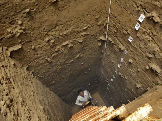 Mound #4 dug up to the natural level of earth, at 22 metres, reveals the various stages of Harappan culture. (Saumya Khandelwal/ HT Photo)