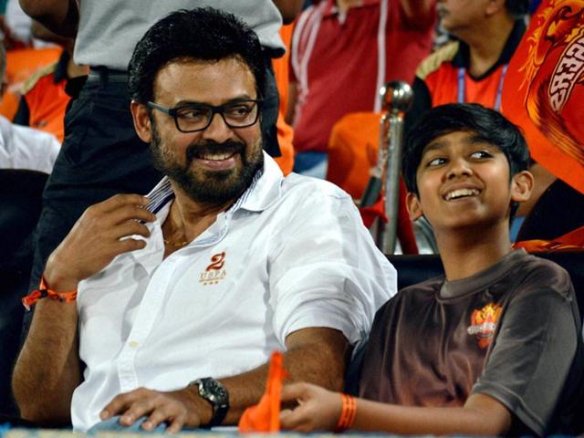 Actor Venkatesh and his son were at the Rajiv Gandhi International Stadium in Uppal, Hyderabad, to cheer SRH, who folded for a paltry 113. (PTI Photo)