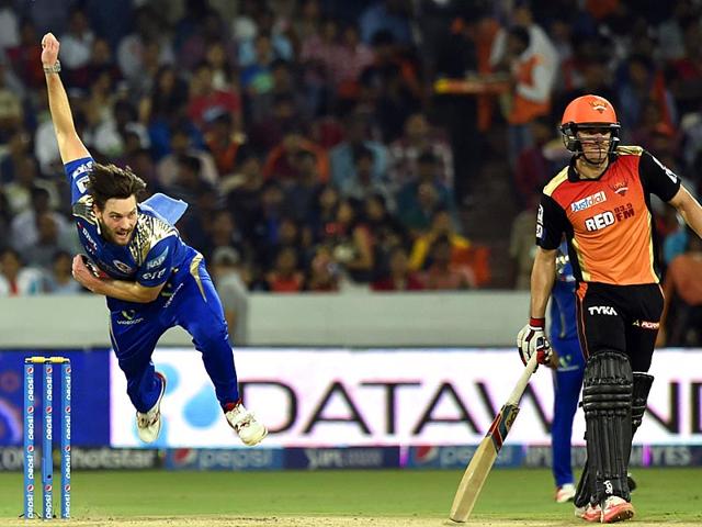 Mitchell McClenaghan starred with the ball for MI, picking up 3/16 to wreck the SRH innings. (Santosh Harhare/HT Photo)