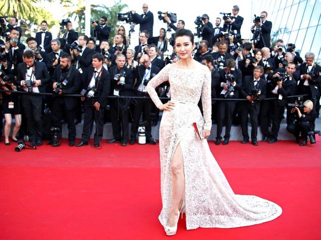 Li Bingbing poses as she arrives for the screening of the film "Asphalte" (Macadam Stories). The Chinese actor is seen in a Elie Saab Couture. (AFP)