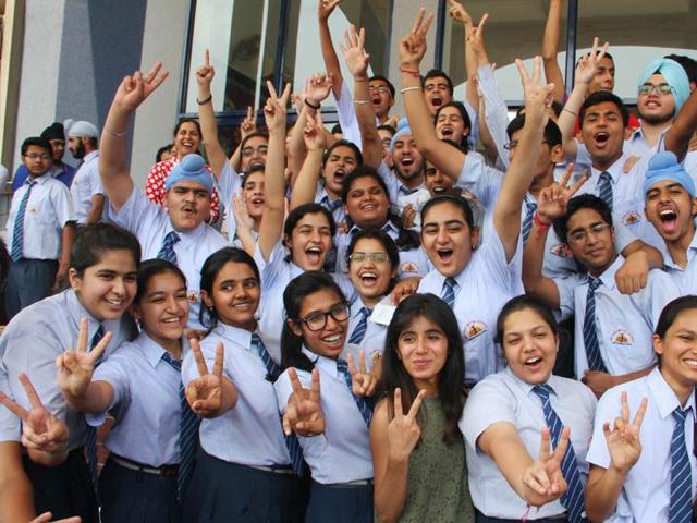 Students at school in Dugri, Ludhiana after declaration of results. HT/Photo