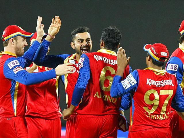 Royal Challengers Bangalore players celebrate the fall of Rajasthan Royals opener Shane Watson. RCB outplayed and eliminated RR from IPL on May 20 at the MCA Stadium in Pune. (Arijit Sen/HT Photo) Royal Challengers Bangalore players celebrate the fall of Rajasthan Royals opener Shane Watson. RCB outplayed and eliminated RR from IPL on May 20 at the MCA Stadium in Pune. (Arijit Sen/HT Photo)