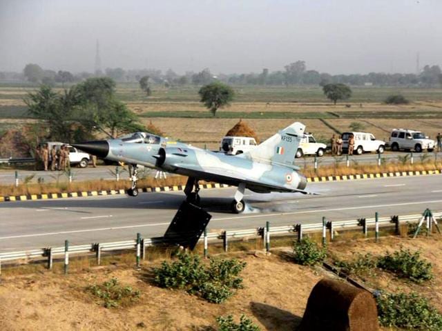 The Indian Air Force Mirage-2000 touches down on Yamuna Expressway in Uttar Pradesh. (IAF Photo)