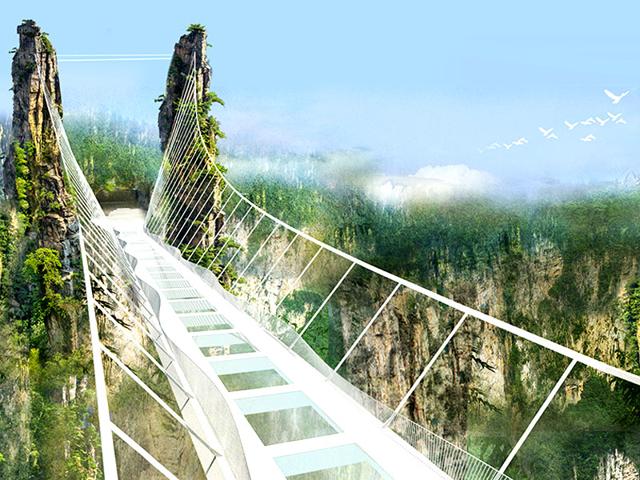 Hovering 300 metres (984 feet) above the ground, the bridge is designed to accommodate 800 people and is located in Zhangjiajie National Park, one of the inspirations for James Cameron's 2009 film Avatar. Hovering 300 metres (984 feet) above the ground, the bridge is designed to accommodate 800 people and is located in Zhangjiajie National Park, one of the inspirations for James Cameron's 2009 film Avatar.