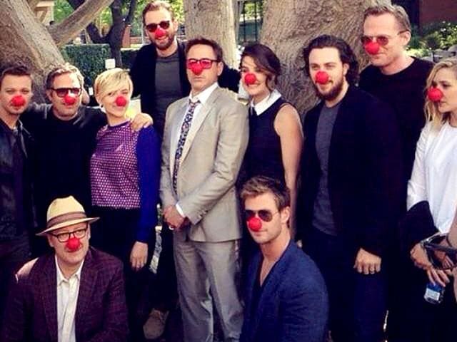 Avengers cast wears red clown noses as part of an effort to bring attention to Red Nose Day. Robert Downey Jr, Scarlett Johansson, Jeremy Renner, Mark Ruffalo and Chris Hemsworth bring all their superhero might to the picture. (Twitter) Avengers cast wears red clown noses as part of an effort to bring attention to Red Nose Day. Robert Downey Jr, Scarlett Johansson, Jeremy Renner, Mark Ruffalo and Chris Hemsworth bring all their superhero might to the picture. (Twitter)
