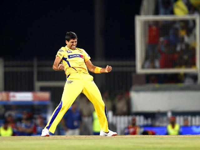 Ashish Nehra of Chennai Super Kings (CSK) celebrates after taking the wicket of a Royal Challengers Bangalore (RCB) batsman during the Indian Premier League (IPL) 2015 Qualifier 2 match between the two sides in Ranchi on May 22. (Ajay Aggarwal/HT Photo)