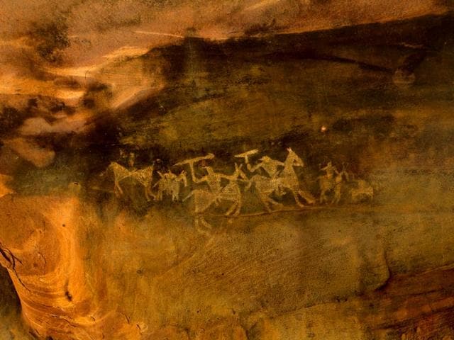 The rock art from the medieval period is characterised by geometric patterns – most figures are composed of triangular shapes, like today’s Warli art. Did these fierce spearmen win their fight? 