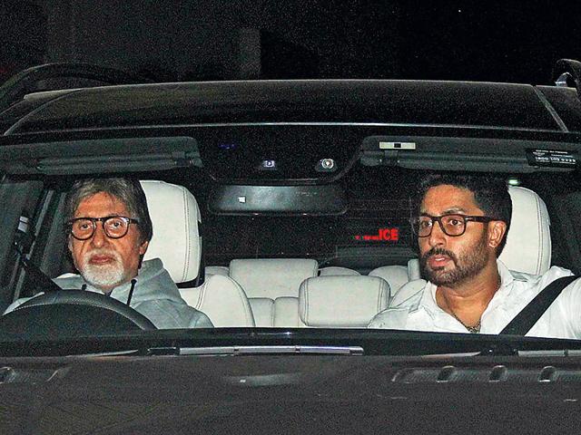 Amitabh Bachchan and Abhishek Bachchan drove together to a movie screening in Mumbai. (Photo: Yogen Shah)