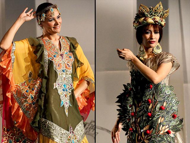Models present creations by local designers at Baghdad's Fashion Institute fashion show on June 1, 2015. Flowing garments and traditional cuts were the highlights. (AFP)