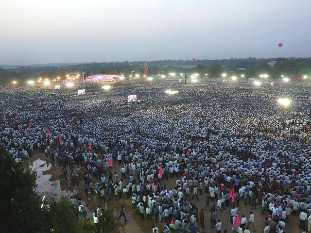 Telangana Rashtra Samithi (TRS) party supporters gather for a meeting marking the formation day. (AP Photo)