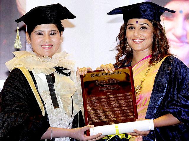 The bold and versatile actor Vidya Balan, acclaimed for her performances in movies like Dirty Picture and Kahaani, was conferred an honorary doctorate in Arts by Rai University in Mumbai on June 1. (PTI Photo)