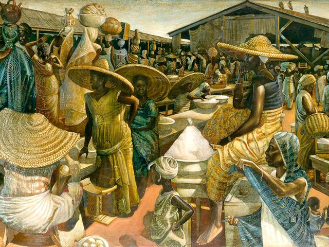 John Biggers, Kumasi Market, oil and acrylic on masonite board, 1962. Estimate: $100,000 to $150,000. Among the highlights is the painting by the muralist John Biggers, reflecting both Biggers' and Angelou's interest in African culture. John Biggers, Kumasi Market, oil and acrylic on masonite board, 1962. Estimate: $100,000 to $150,000. Among the highlights is the painting by the muralist John Biggers, reflecting both Biggers' and Angelou's interest in African culture.