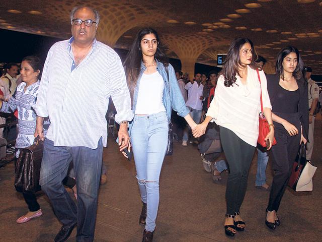 Boney Kapoor, Khushi Kapoor, Sridevi and Jhanvi Kapoor spotted at Mumbai airport. (Photo: Yogen Shah)