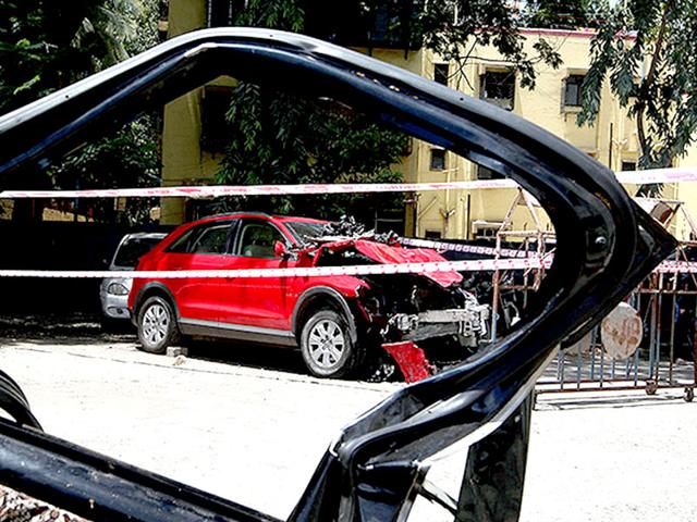 The Audi Q3 which was crashed into the taxi by high court lawyer Janhavi Gadkar, killing 2 and injuring 4, in Mumbai. (Kunal Patil/HT photo)