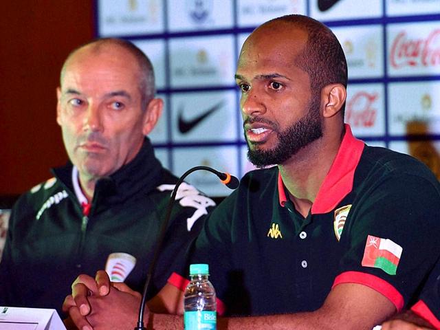 Oman-football-team-captain-Ali-Al-Habsi-speaks-as-Coach-Paul-Joseph-Le-Guen-looks-on-during-a-press-conference-in-Bengaluru-on-June-10-2015-the-eve-of-their-Fifa-World-Cup-2018-Preliminary-Joint-qualification-match-against-India-PTI-Photo Oman-football-team-captain-Ali-Al-Habsi-speaks-as-Coach-Paul-Joseph-Le-Guen-looks-on-during-a-press-conference-in-Bengaluru-on-June-10-2015-the-eve-of-their-Fifa-World-Cup-2018-Preliminary-Joint-qualification-match-against-India-PTI-Photo
