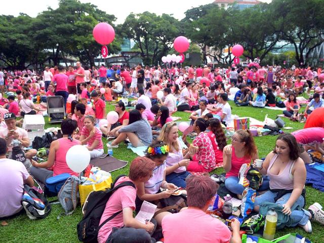 A crowd dressed in pink gathers at Hong Lim Park in Singapore to kick off the annual "Pink Dot" event in a public show of support for the LGBT community in Singapore.(AFP Photo)