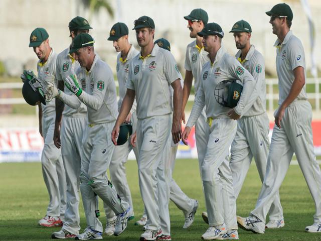 The-Australian-team-walks-off-the-pitch-at-the-end-of-the-third-day-of-their-second-cricket-Test-match-against-West-Indies-in-Kingston-Jamaica-on-June-13-2015-AP-Photo The-Australian-team-walks-off-the-pitch-at-the-end-of-the-third-day-of-their-second-cricket-Test-match-against-West-Indies-in-Kingston-Jamaica-on-June-13-2015-AP-Photo