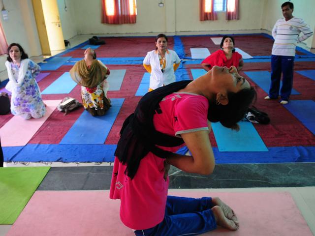 Syed Rubab Fatima leads a yoga training session at Government Yoga centre, in Bhopal on Monday. (Mujeeb Faruqui/HT photo)