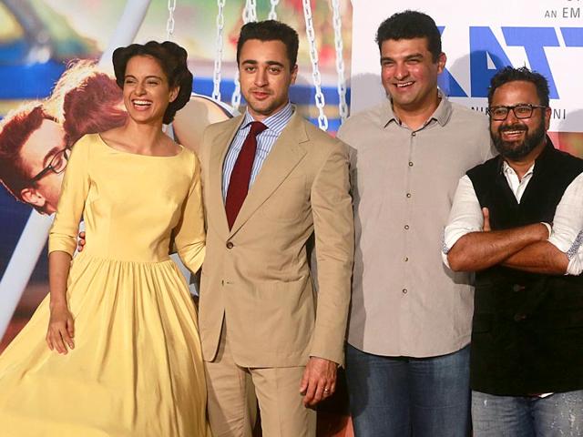 Kangana Ranaut, Imran Khan, Siddharth Roy Kapur and Nikhil Advani at the launch of Katti Batti trailer. (PTI photo)
