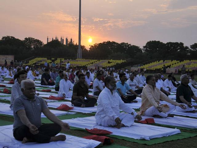 Haryana minister at Power Yoga Classes in Tau Devi Lal Stadium, Panchkula. Sant Arora/HT