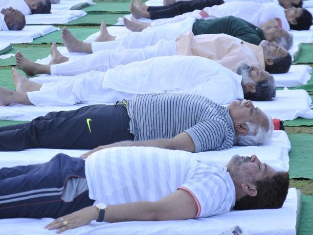 DAY 2 of Power Yoga classes at Tau Devi Lal Stadium, Panchkula. Sant Arora/HT
