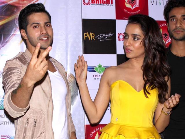 Varun Dhawan, Raghav Juyal and Shraddha Kapoor at a press conference for their film ABCD 2 in New Delhi. (Photo: IANS)