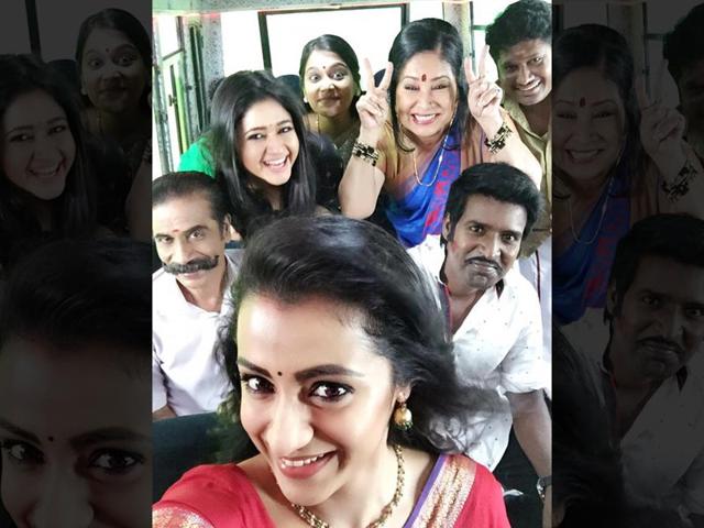 Trisha Krishnan updates Twitter with this pic; captions it: With love from Team Aranmanai2. (trishtrashers/twitter) Trisha Krishnan updates Twitter with this pic; captions it: With love from Team Aranmanai2. (trishtrashers/twitter)