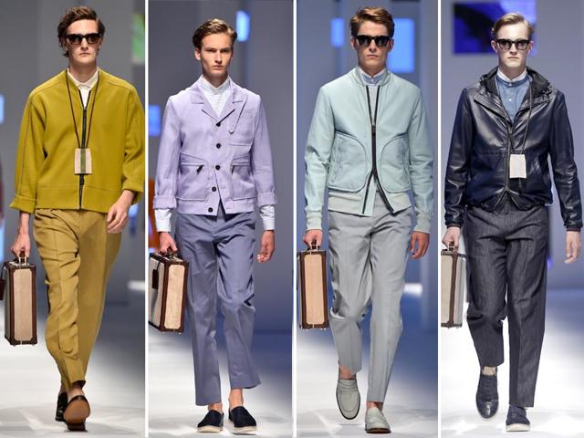 Elegant, gem-like hues were on show at Canali. Yet despite the feminine colour palette, tailoring was decidedly masculine.