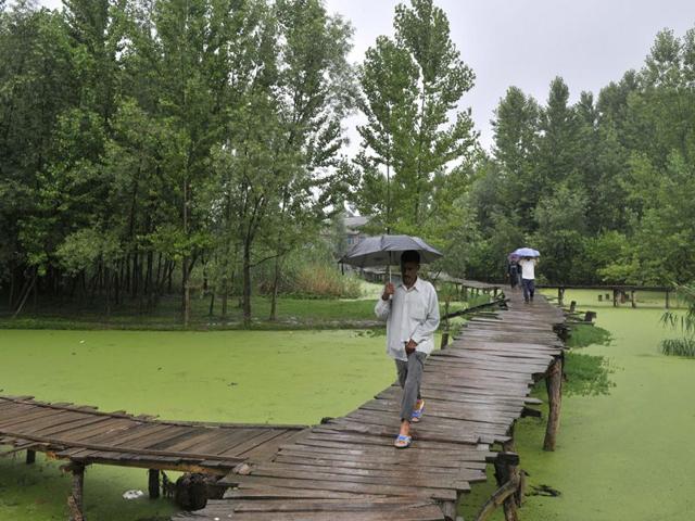 Man walks on a wooden bridge as they protect themselves from the rain in Srinagar. Wasim Andrabi/HT