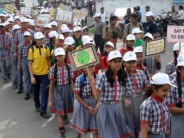 Schoolchildren take out a rally to mark the International Day Against Drug Abuse and Illicit Trafficking, in Indore on Friday. (Shankar Mourya/HT)