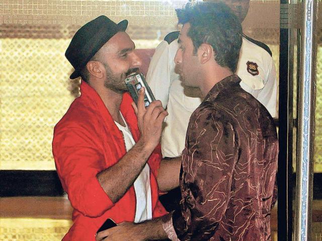 Ranveer Singh greets Ranbir Kapoor at the birthday bash of friend Arjun Kapoor. (Photo: Yogen Shah/HT)