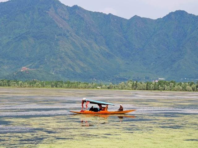 A family enjoying ride in Shikara in Dal Lake at Srinagar. HT/ Photo