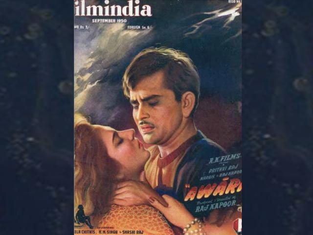 Awara (1951) starring Prithviraj Kapoor, Raj Kapoor and Nargis. In 2012, the film was included in the 20 new entries to Time magazine's list of All-Time 100 greatest films. One of the hallmarks of Filmindia, writes Bhatia, was the art work. The covers - many of which also doubled up as advertisements - were painted by Sambanand Monappa Pandit, a JJ School of Art graduate. These were not always stills from specific films, but show the stars in varied situations.