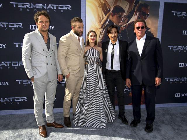 Jason Clarke, Jai Courtney, Emilia Clarke, Byung-hun Lee and Arnold Schwarzenegger pose at the premiere of Terminator Genisys in Hollywood. (Reuters)
