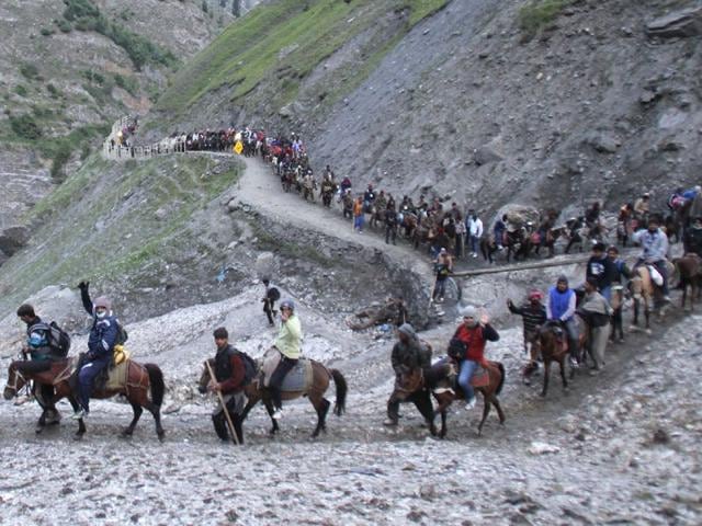 Amarnath Yatra was flagged off by J-K health minister Choudhary Lal Singh from the Lakhanpur base camp in Kathua district. Waseem Andrabi/HT