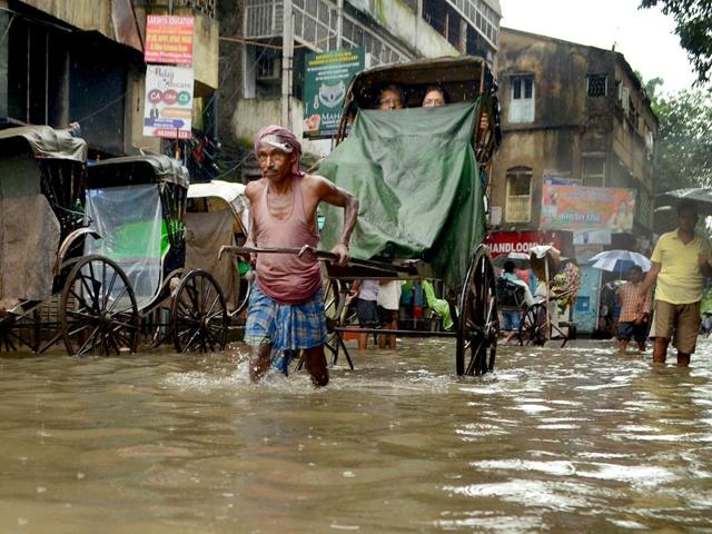 A rickshaw-puller ferry passengers in knee-deep water at Central Avenue. (Prateek Choudhury/ HT Photo)