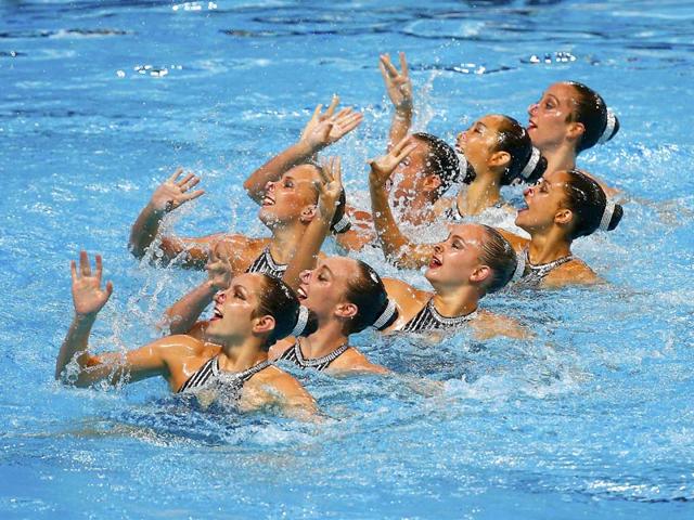 Members of Team USA perform in the synchronised swimming team technical final. (Reuters Photo) Members of Team USA perform in the synchronised swimming team technical final. (Reuters Photo)
