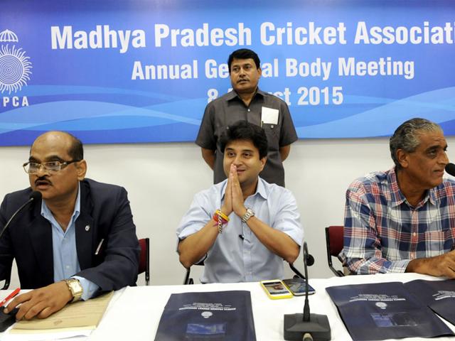 MPCA chairman Jyotiraditya Scindia and other office-bearers at the annual general body meeting of MP Cricket Association in Indore on Saturday. (Shankar Mourya/HT)