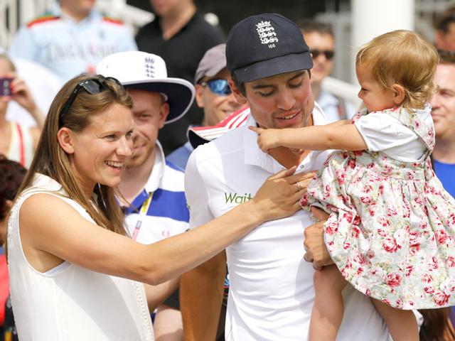 England captain Alastair Cook celebrates with wife Alice Hunt and child. (Action Images via Reuters/ Paul Childs)