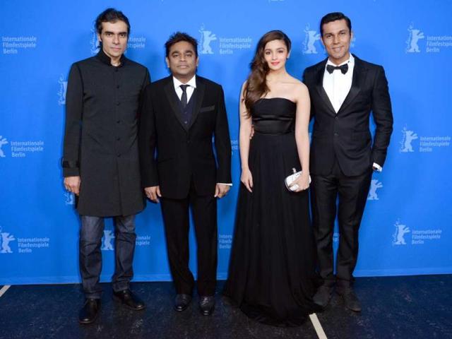 Imtiaz Ali, A R Rahman, Alia Bhatt & Randeep Hooda strike a pose at the World Premiere of Highway at the 64th Berlin Film Festival.