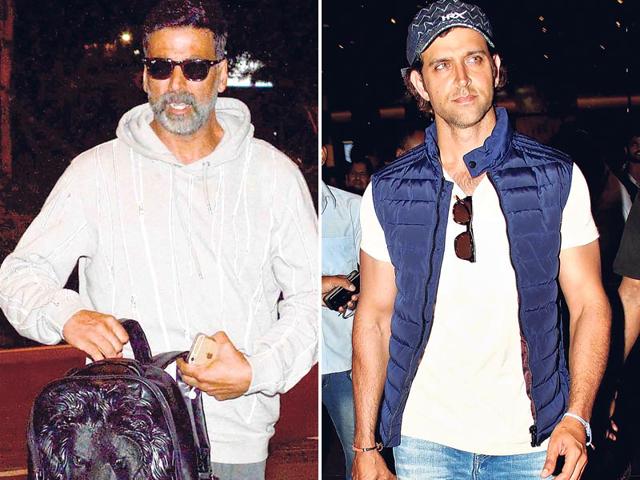 Akshay Kumar and Hrithik Roshan spotted at the airport. (HT photo)