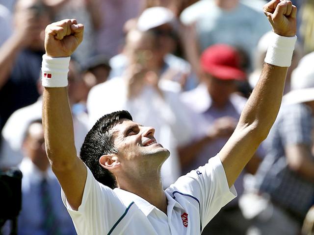 Novak Djokovic of Serbia celebrates after winning his men's singles semi-final match of the 2015 Wimbledon Championships against Richard Gasquet of France at The All England Lawn Tennis and Croquet Club in London, on July 10, 2015. Djokovic won 7-6(2), 6-4, 6-4. (Reuters Photo) Novak Djokovic of Serbia celebrates after winning his men's singles semi-final match of the 2015 Wimbledon Championships against Richard Gasquet of France at The All England Lawn Tennis and Croquet Club in London, on July 10, 2015. Djokovic won 7-6(2), 6-4, 6-4. (Reuters Photo)