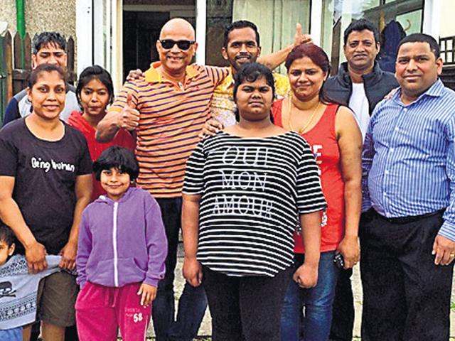 Family of Lington Monteiro (extreme left) with Goan friends Armando Gonsalves (in dark glasses), Jaime Barreto (extreme right) and others in Monteiro’s house garden in Swindon. (HT Photo) Family of Lington Monteiro (extreme left) with Goan friends Armando Gonsalves (in dark glasses), Jaime Barreto (extreme right) and others in Monteiro’s house garden in Swindon. (HT Photo)
