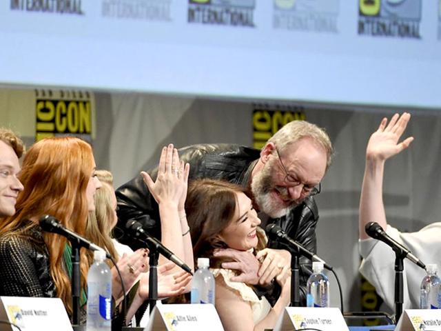 TV series Game of Thrones cast members Alfie Allen, Sophie Turner, Natalie Dormer, Carice van Houten, Liam Cunningham, Gwendoline Christie on the panel. (AP Photo)